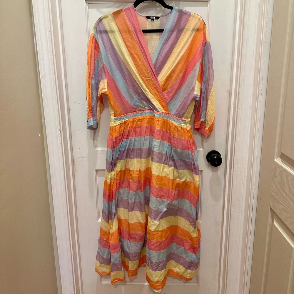 Tara Jarmon Striped Pastel Midi Dress 3/4 Length Sleeves